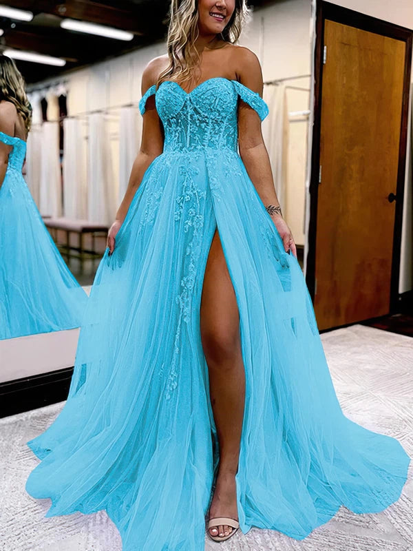 Gorgeous Off-the-shoulder Lace Glitter Tulle Prom Ball Gown with Sweep Train