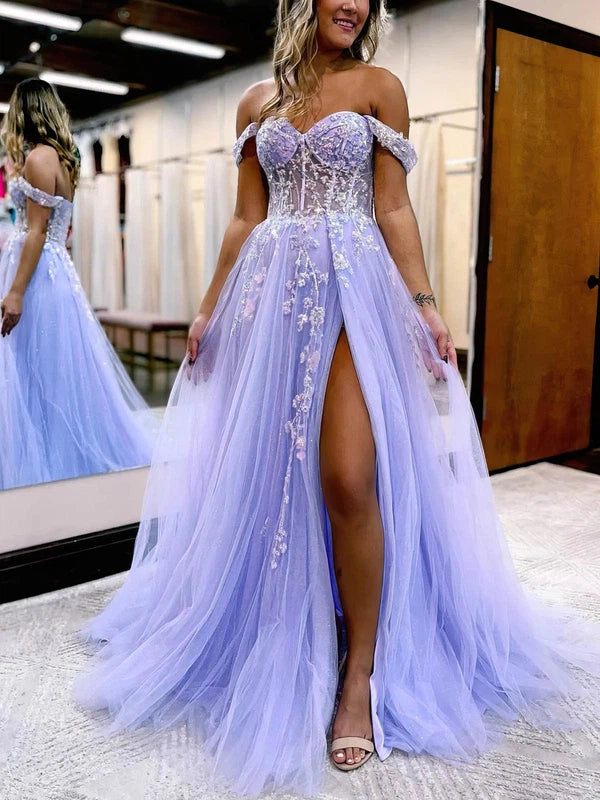 Gorgeous Off-the-shoulder Lace Glitter Tulle Prom Ball Gown with Sweep Train