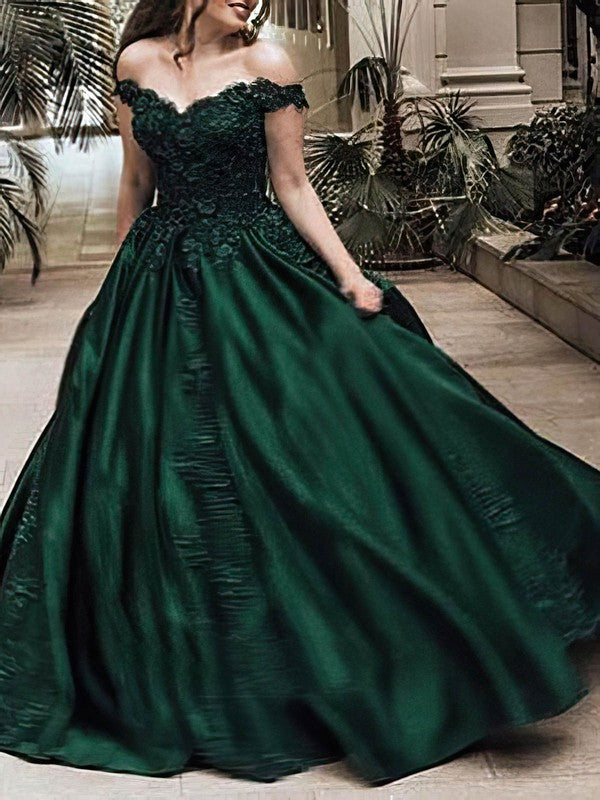 Gorgeous Off-the-shoulder Satin Ball Gown with Beading and Sweep Train for Prom Dresses