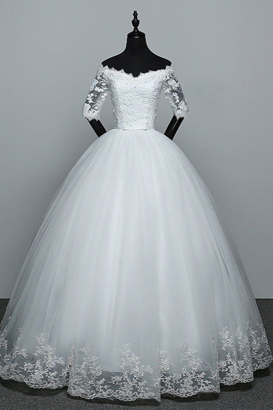 Gorgeous Off-the-Shoulder Sweetheart Wedding Dress Tulle Lace White Bridal Gowns with Half Sleeves-27dress