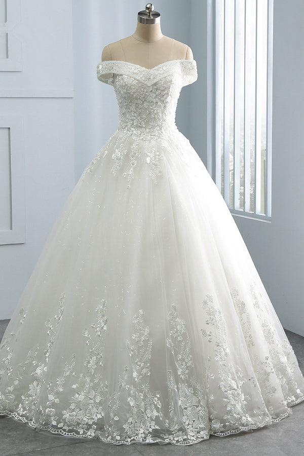 Gorgeous Off-the-Shoulder Tulle Appliques Wedding Dress Sweetheart Sleeveless Lace Bridal Gowns On Sale-27dress