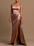 Gorgeous Satin Prom Dress with Square Neckline and High Slit-27dress