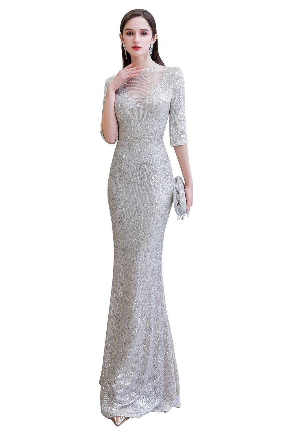 Gorgeous Silver Long sleeves Long Prom Dress-27dress