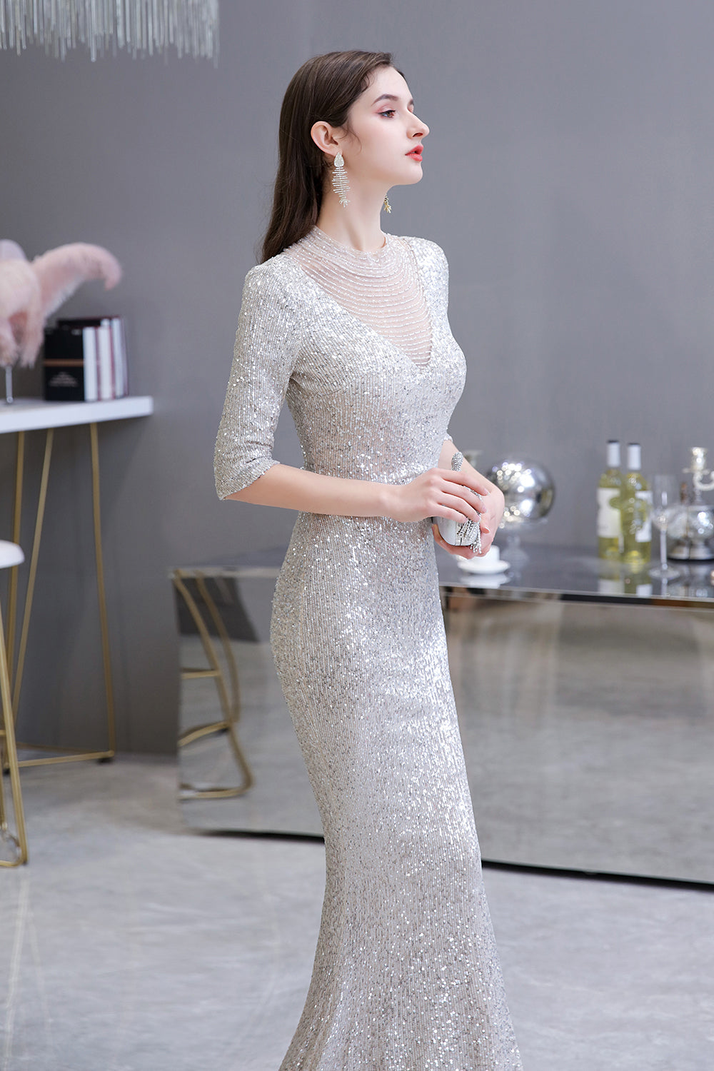 Gorgeous Silver Long sleeves Long Prom Dress-27dress