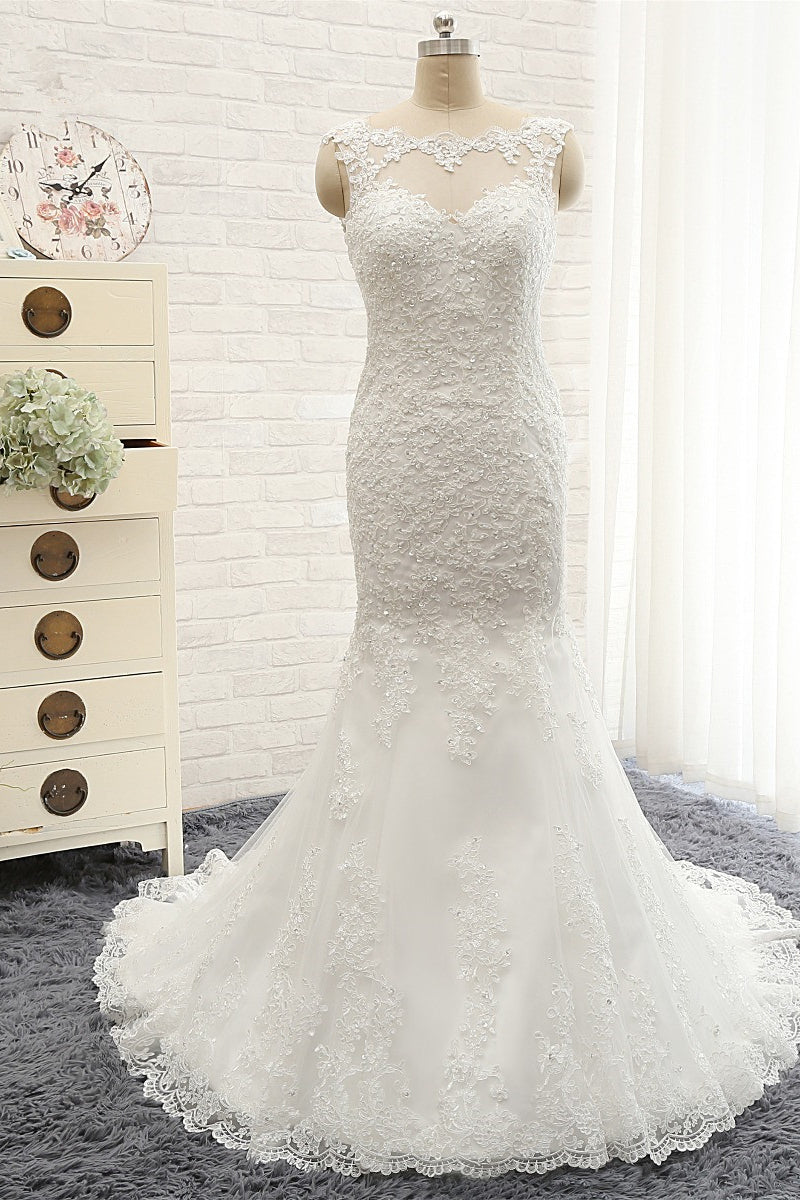 Gorgeous Sleeveless Appliques Beadings Wedding Dress Jewel Tulle White Bridal Gowns On Sale-27dress