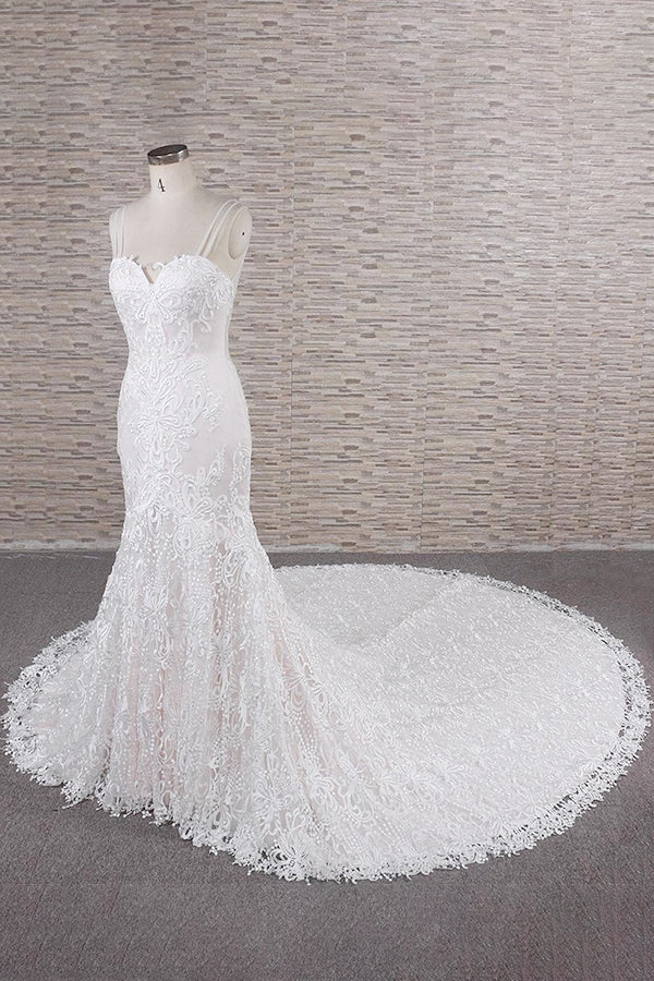 Gorgeous Spaghetti Straps Mermaid Wedding Dresses With Appliques Ivory Sleeveless Bridal Gowns Online-27dress