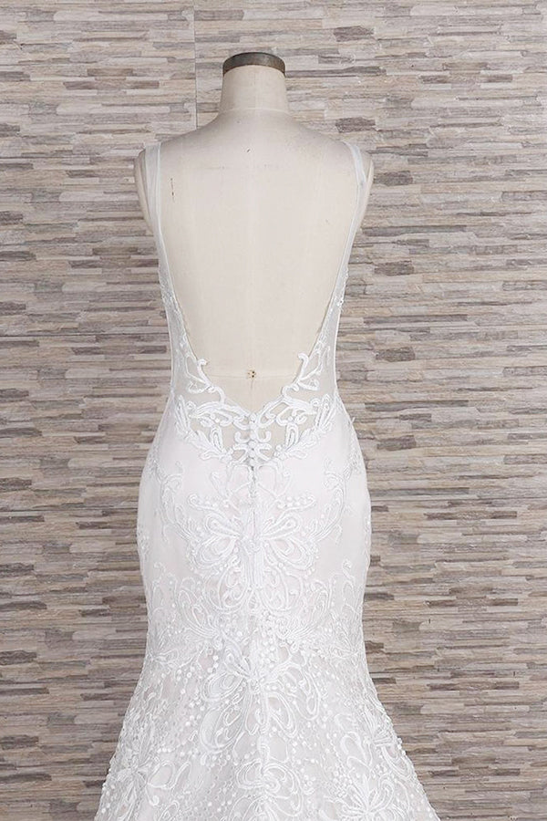 Gorgeous Spaghetti Straps Mermaid Wedding Dresses With Appliques Ivory Sleeveless Bridal Gowns Online-27dress