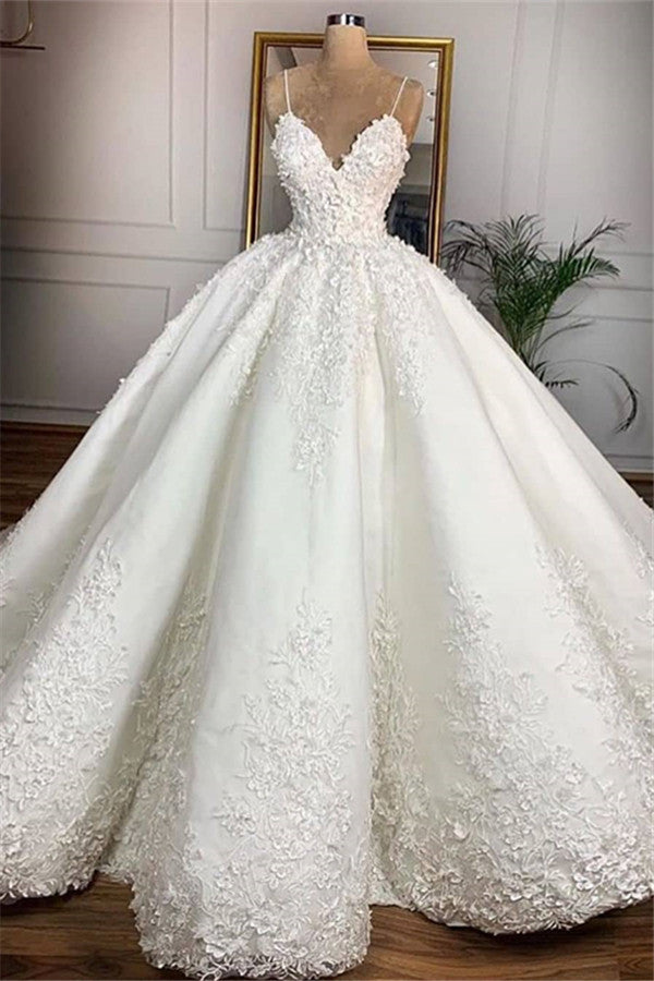 Gorgeous Spaghetti Straps White A-line Wedding Dresses With Appliques Satin Ruffles Bridal Gowns Online-27dress