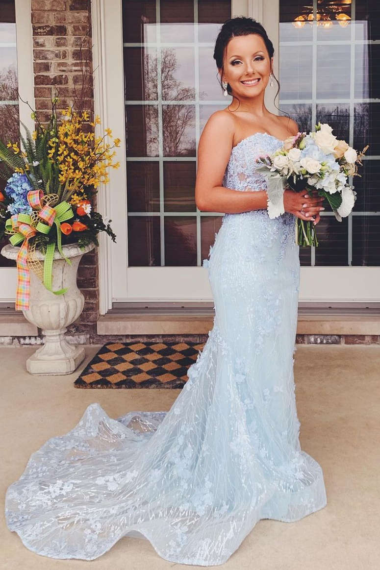 Gorgeous Strapless Light Blue Appliques Long Prom Dress