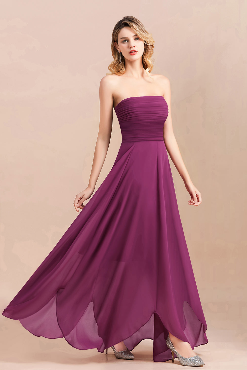 Gorgeous Strapless Ruffle Bridesmaid Dress with Petal Hemline-27dress