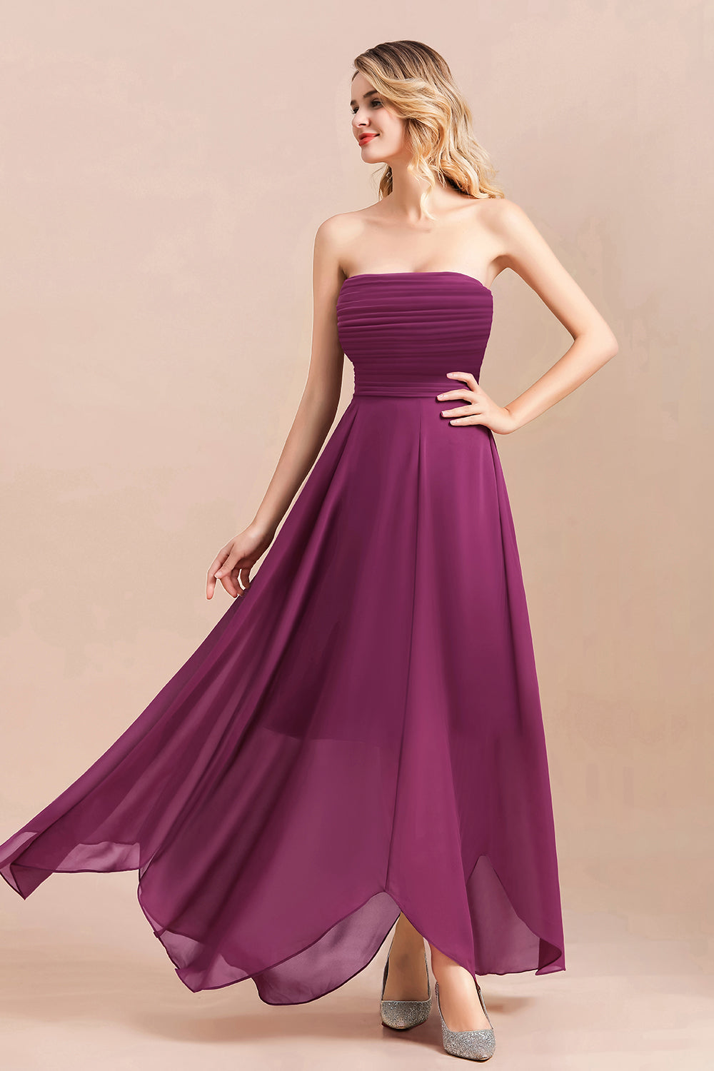 Gorgeous Strapless Ruffle Bridesmaid Dress with Petal Hemline-27dress