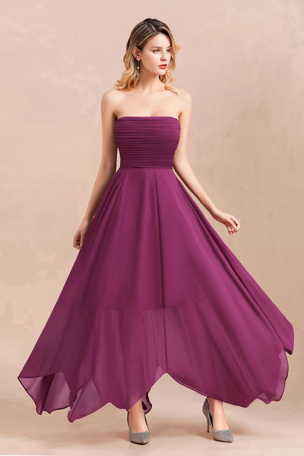 Gorgeous Strapless Ruffle Bridesmaid Dress with Petal Hemline-27dress