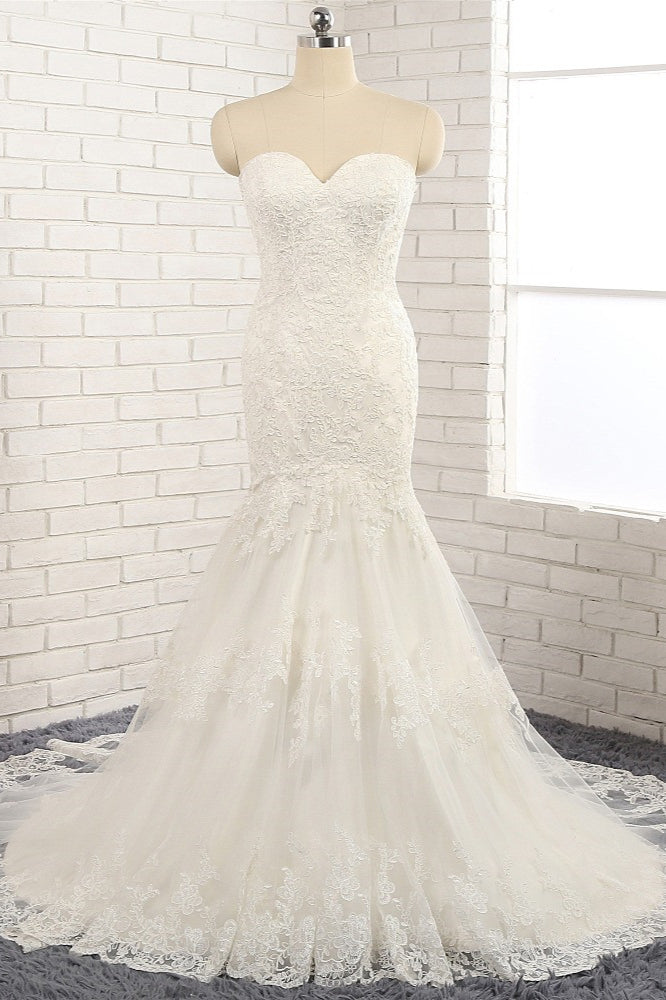 Gorgeous Strapless Sleeveless Lace Tulle Wedding Dress Sweetheart Appliques Mermaid Bridal Gowns Online-27dress