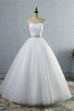 Gorgeous Strapless Sweetheart Tulle Wedding Dress Sleeveless Ruffles Bridal Gowns with Beadings Sash-27dress