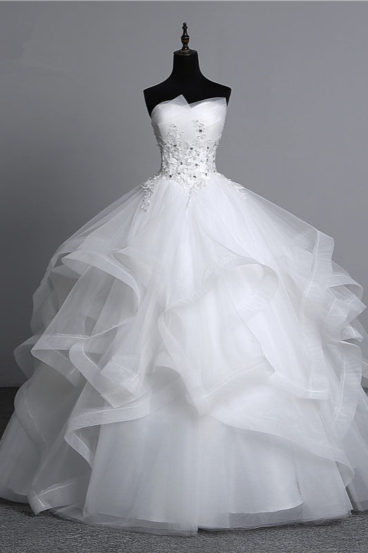 Gorgeous Strapless Tulle Layers Wedding Dress Appliques Beadings Bridal Gowns Online-27dress