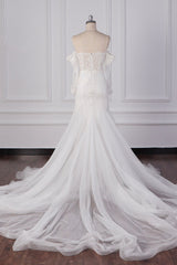 Gorgeous Strapless White Tulle Lace Wedding Dress Long Sleeves Beadings Bridal Gowns On Sale-27dress