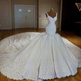 Gorgeous Straps White Mermaid Wedding Dresses Satin Ruffles Bridal Gowns With Appliques Online-27dress