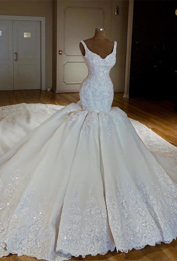 Gorgeous Straps White Mermaid Wedding Dresses Satin Ruffles Bridal Gowns With Appliques Online-27dress