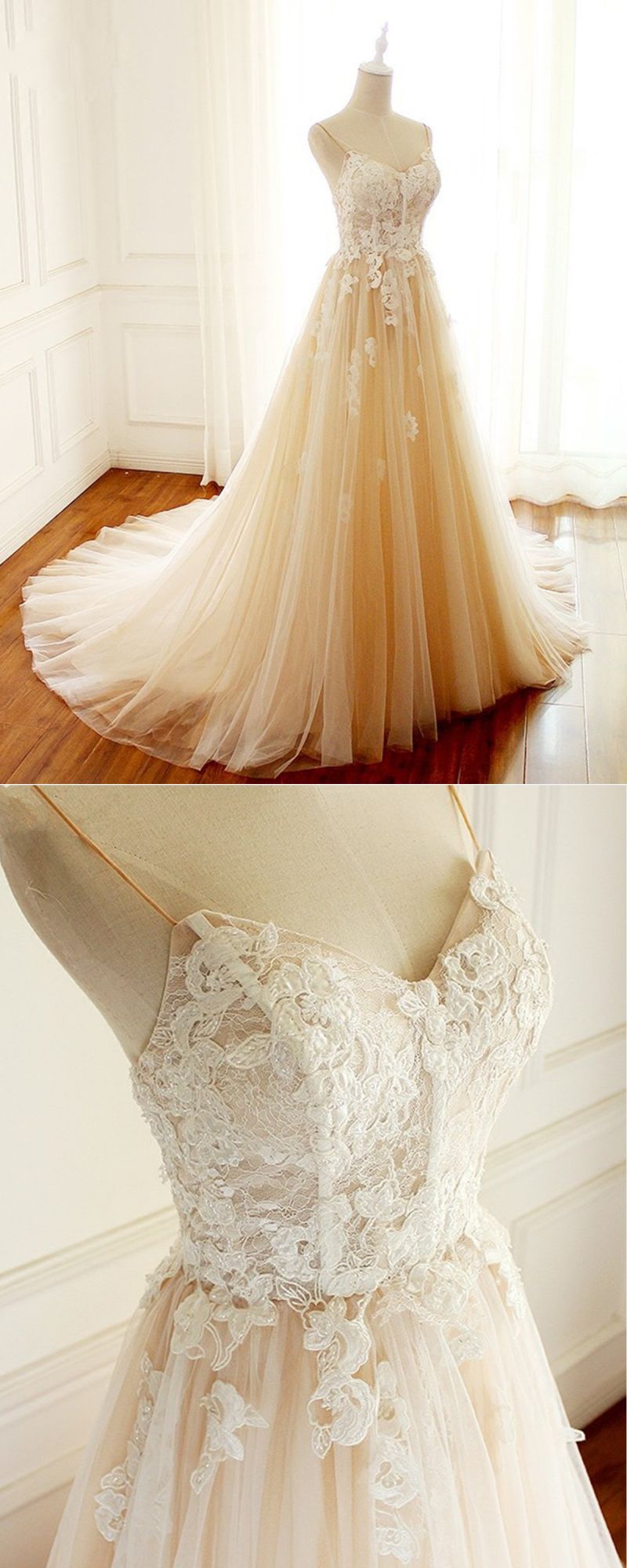 Gorgeous Sweetheart Creamy Tulle Wedding Dress Spaghetti Straps Sweep Train Bridal Gowns On Sale-27dress