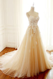 Gorgeous Sweetheart Creamy Tulle Wedding Dress Spaghetti Straps Sweep Train Bridal Gowns On Sale-27dress