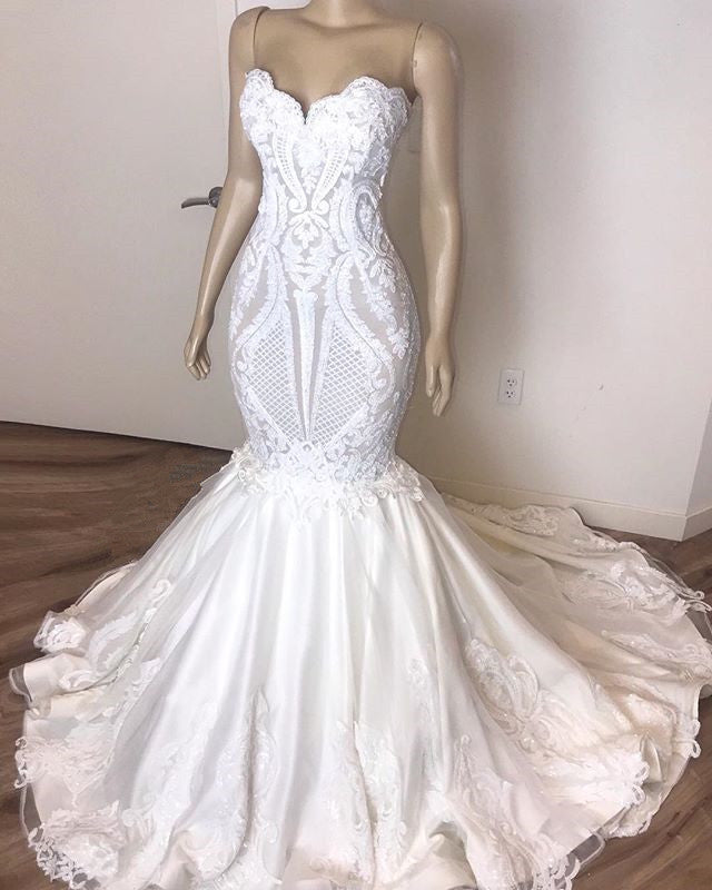 Gorgeous Sweetheart Mermaid Lace Wedding Dresses White Ruffles Bridal Gowns With Appliques On Sale-27dress
