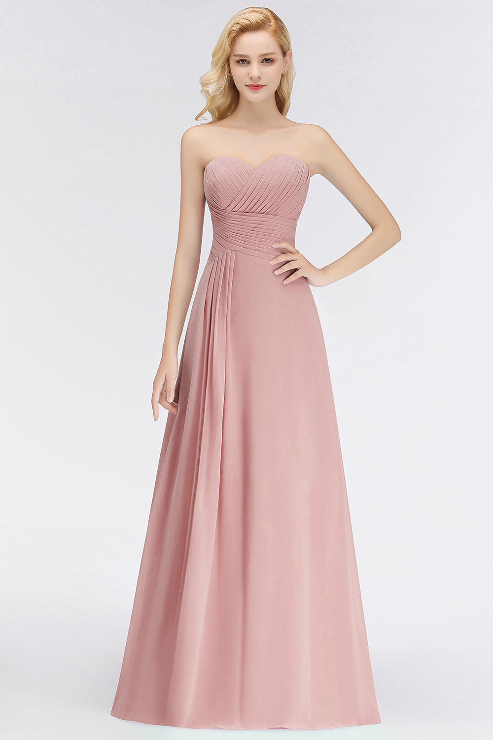 Gorgeous Sweetheart Ruched Long Bridesmaid Dress Dusty Rose Chiffon Strapless Maid of Honor Dress-27dress