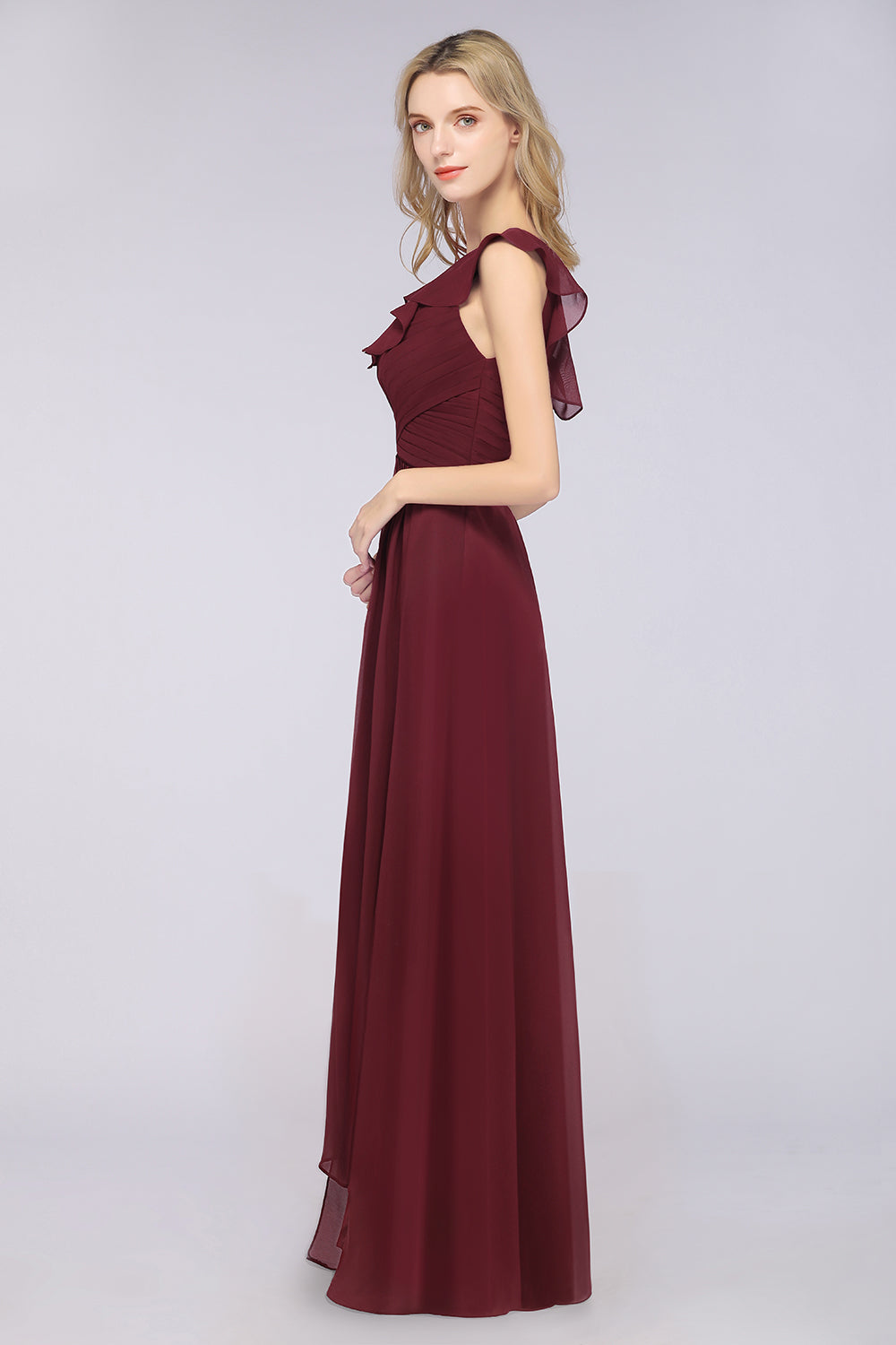 Gorgeous Sweetheart Ruffle Burgundy Chiffon Bridesmaid Dress With One-shoulder-27dress