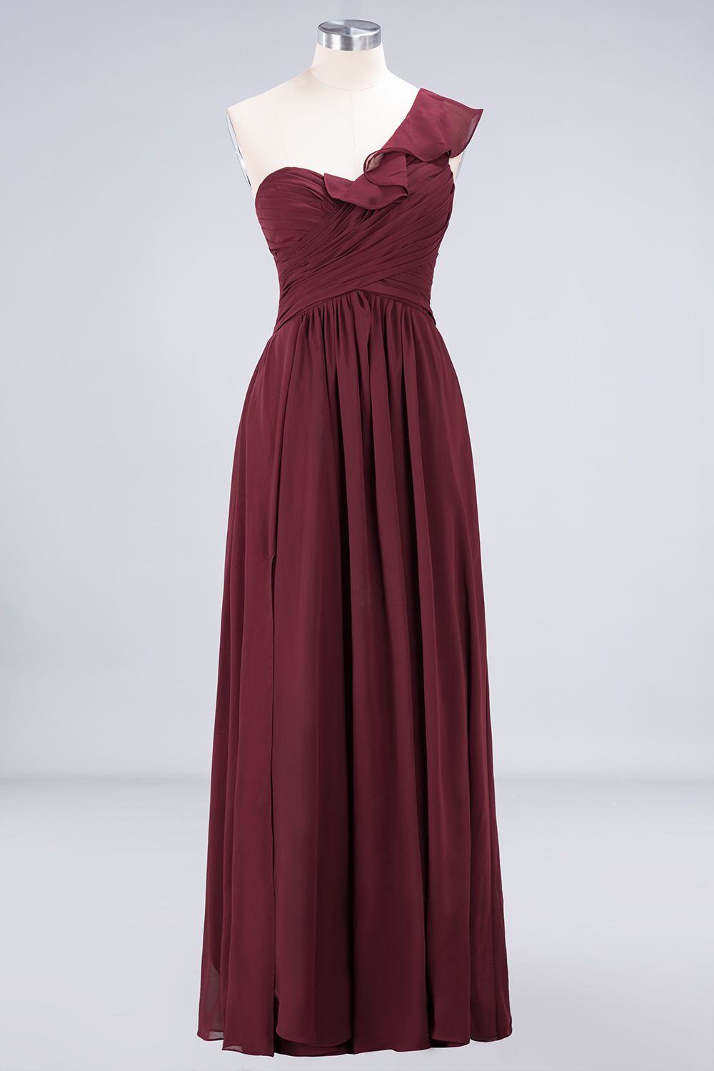 Gorgeous Sweetheart Ruffle Burgundy Chiffon Bridesmaid Dress With One-shoulder-27dress