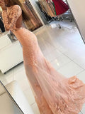 Gorgeous Trumpet/Mermaid Scoop Neck Tulle Prom Dress with Appliques and Lace Sweep Train