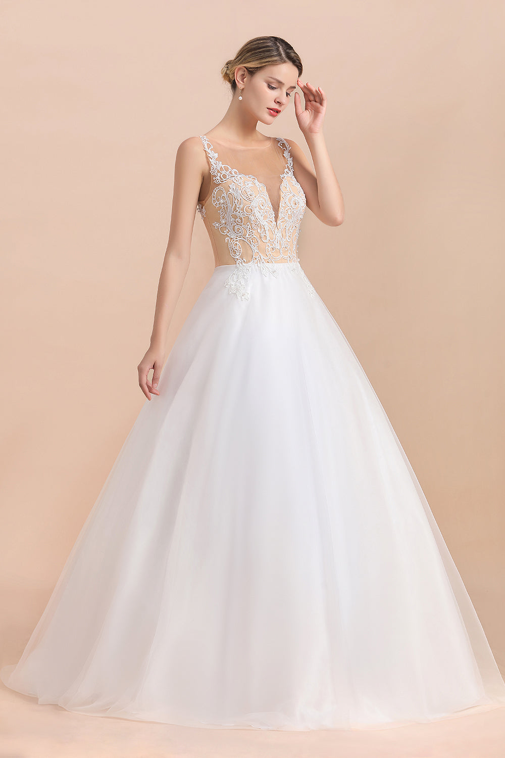 Gorgeous Tulle Lace V-Neck Sleeveless Wedding Dress Online-27dress