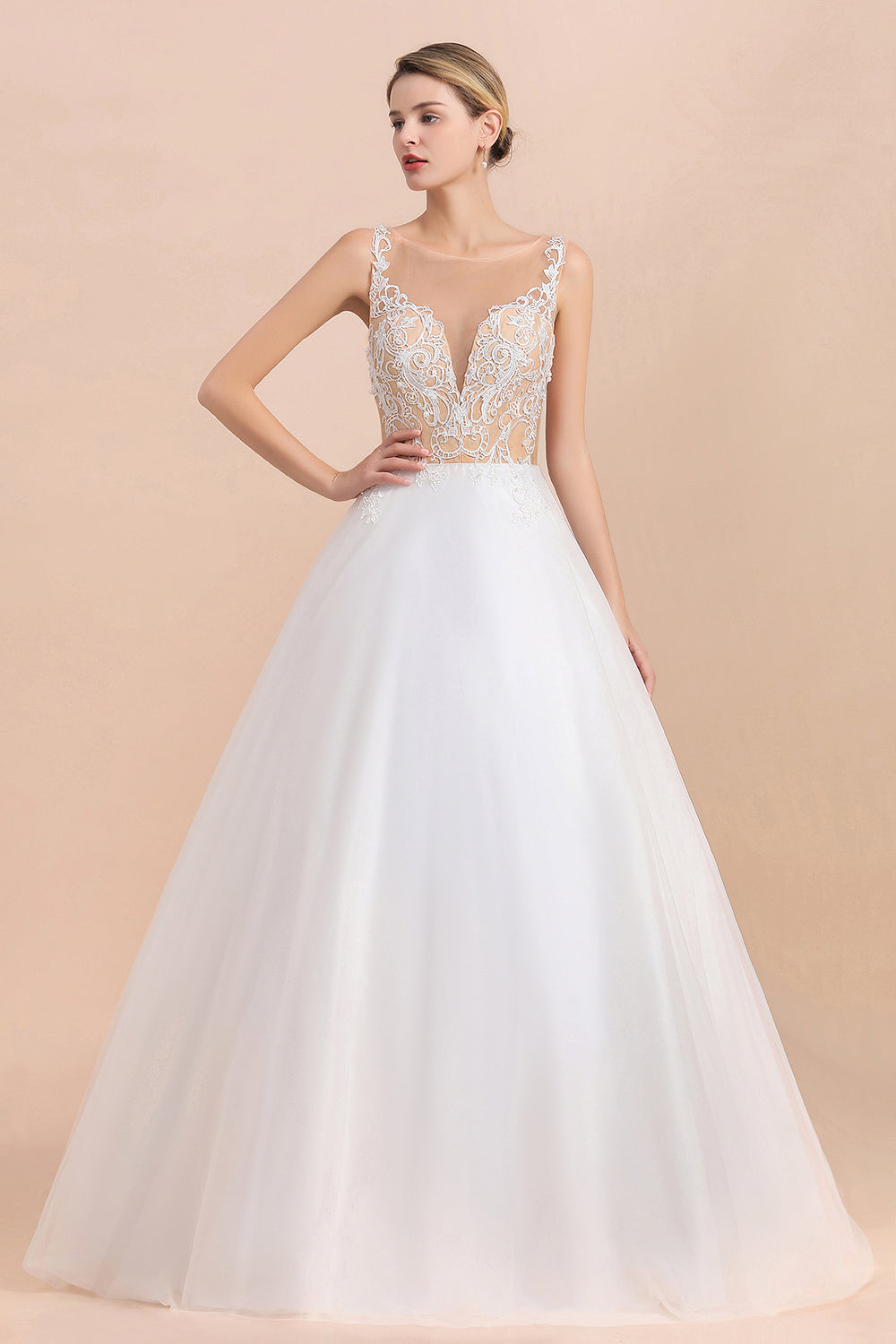 Gorgeous Tulle Lace V-Neck Sleeveless Wedding Dress Online-27dress