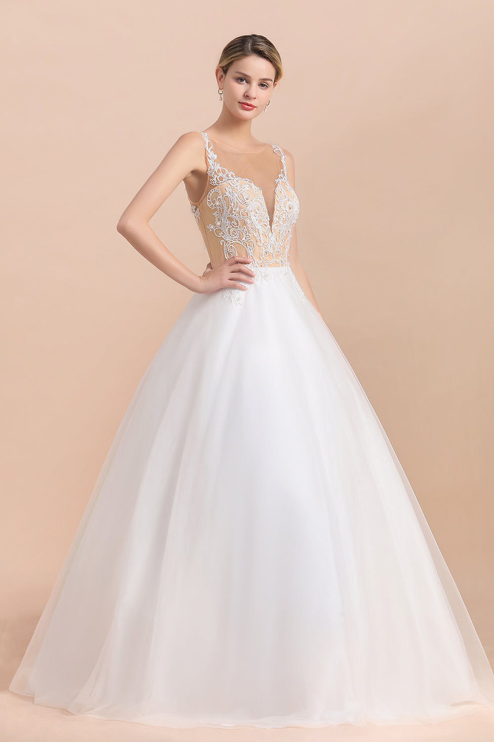 Gorgeous Tulle Lace V-Neck Sleeveless Wedding Dress Online-27dress