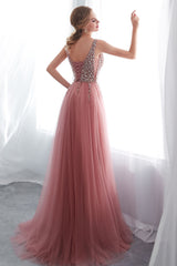 Gorgeous Tulle Long Pink Prom Dress with Beading Top