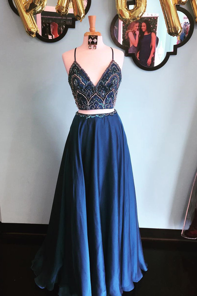 Gorgeous Two Piece Beaded Navy Blue Satin Long Prom Dress