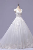 Gorgeous V-neck A-line Tulle Wedding Dresses Appliques White Shortsleeves Bridal Gowns On Sale-27dress