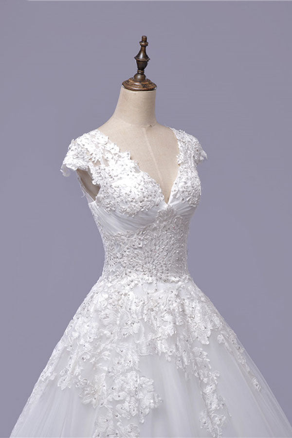 Gorgeous V-neck A-line Tulle Wedding Dresses Appliques White Shortsleeves Bridal Gowns On Sale-27dress