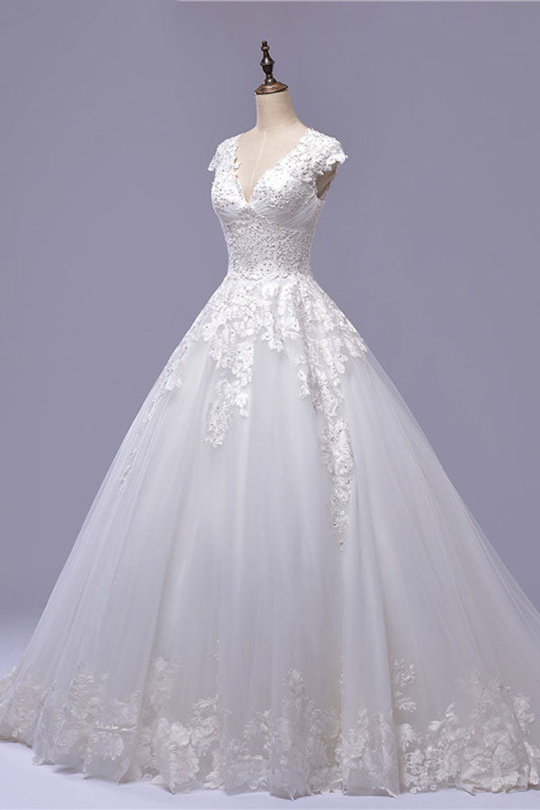 Gorgeous V-neck A-line Tulle Wedding Dresses Appliques White Shortsleeves Bridal Gowns On Sale-27dress