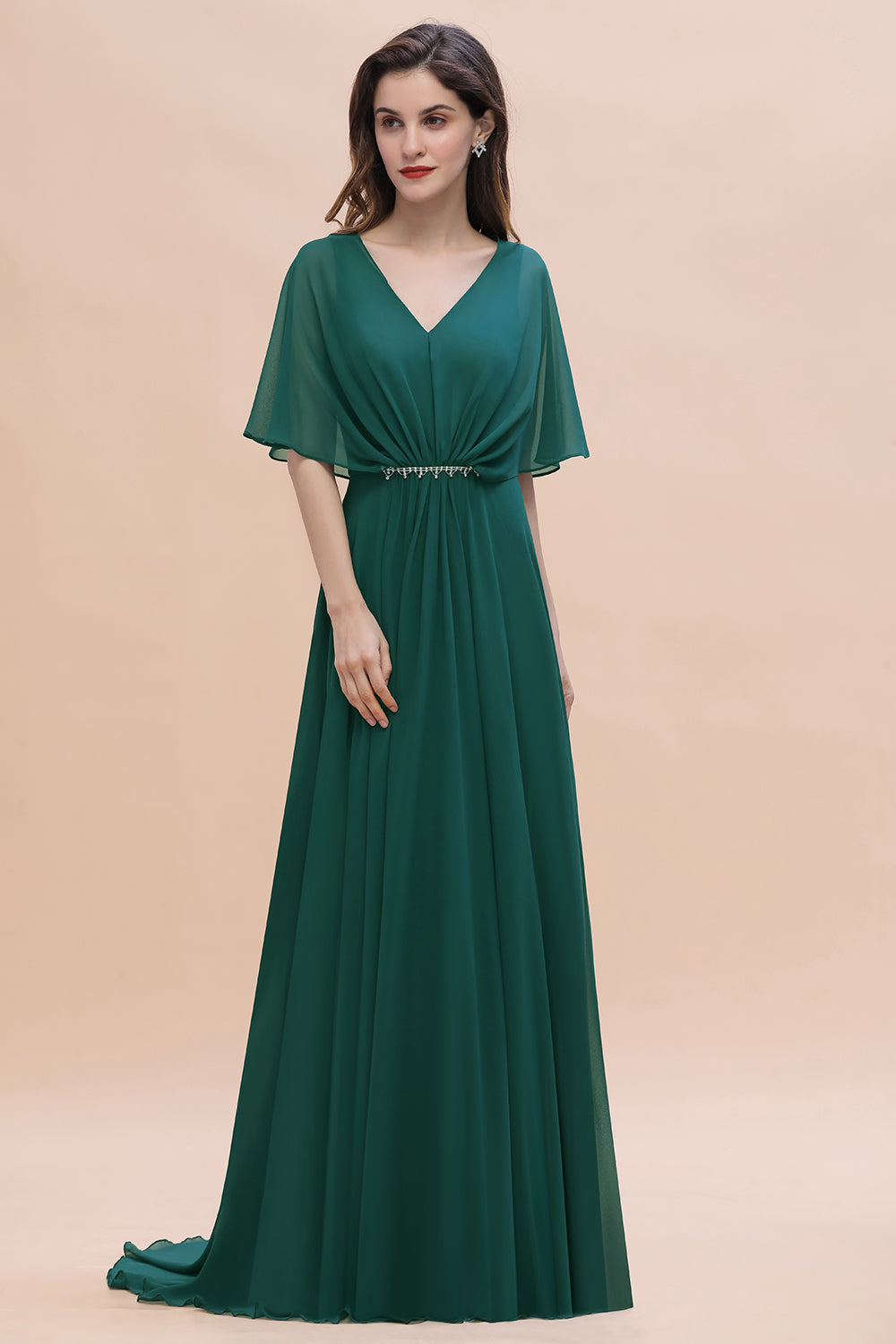 Gorgeous V-Neck Chiffon Ruffles Beading Bridesmaid Dress with Half Sleeves-27dress