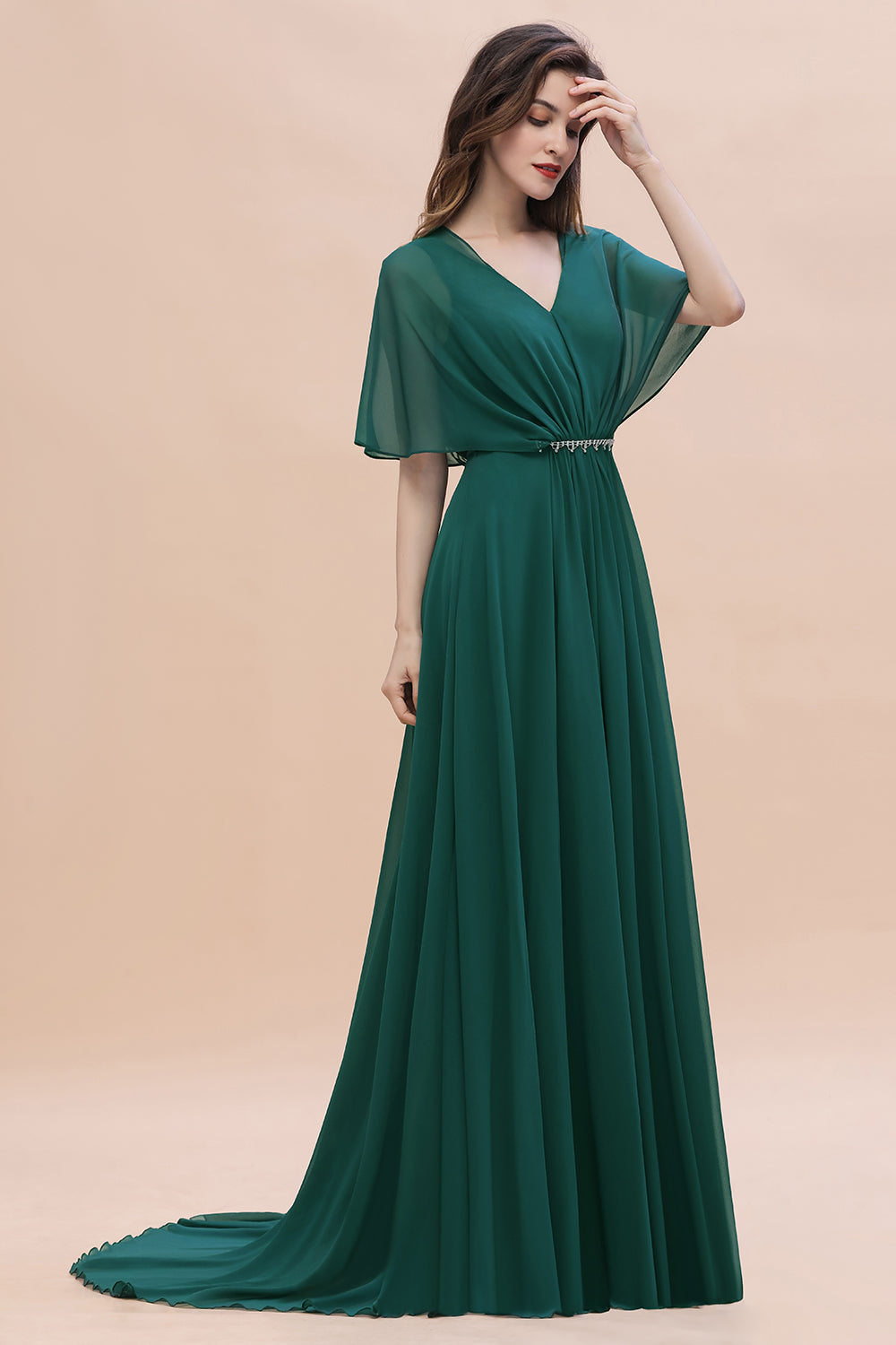 Gorgeous V-Neck Chiffon Ruffles Beading Bridesmaid Dress with Half Sleeves-27dress