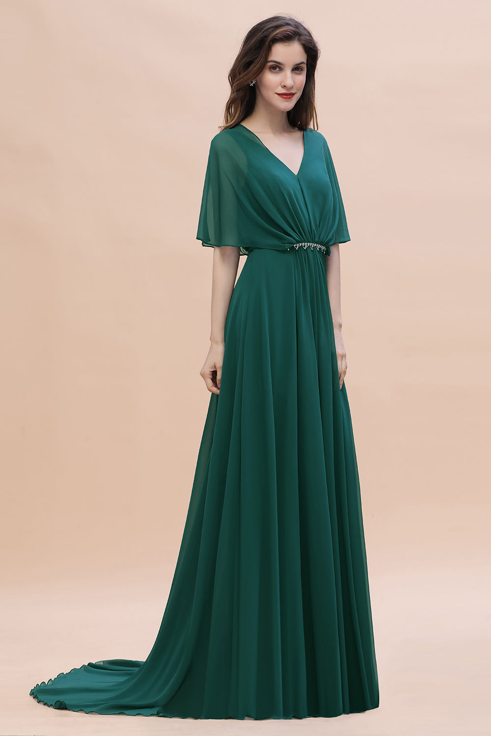 Gorgeous V-Neck Chiffon Ruffles Beading Bridesmaid Dress with Half Sleeves-27dress