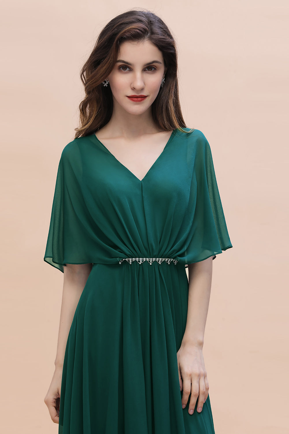 Gorgeous V-Neck Chiffon Ruffles Beading Bridesmaid Dress with Half Sleeves-27dress