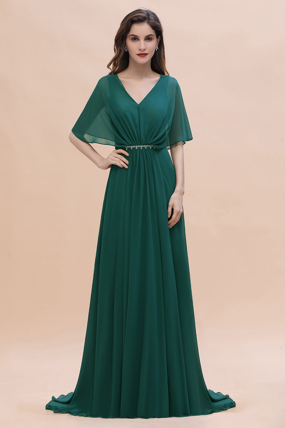 Gorgeous V-Neck Chiffon Ruffles Beading Bridesmaid Dress with Half Sleeves-27dress