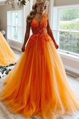 Gorgeous Orange V-Neck Floral Tulle Long Prom Dress