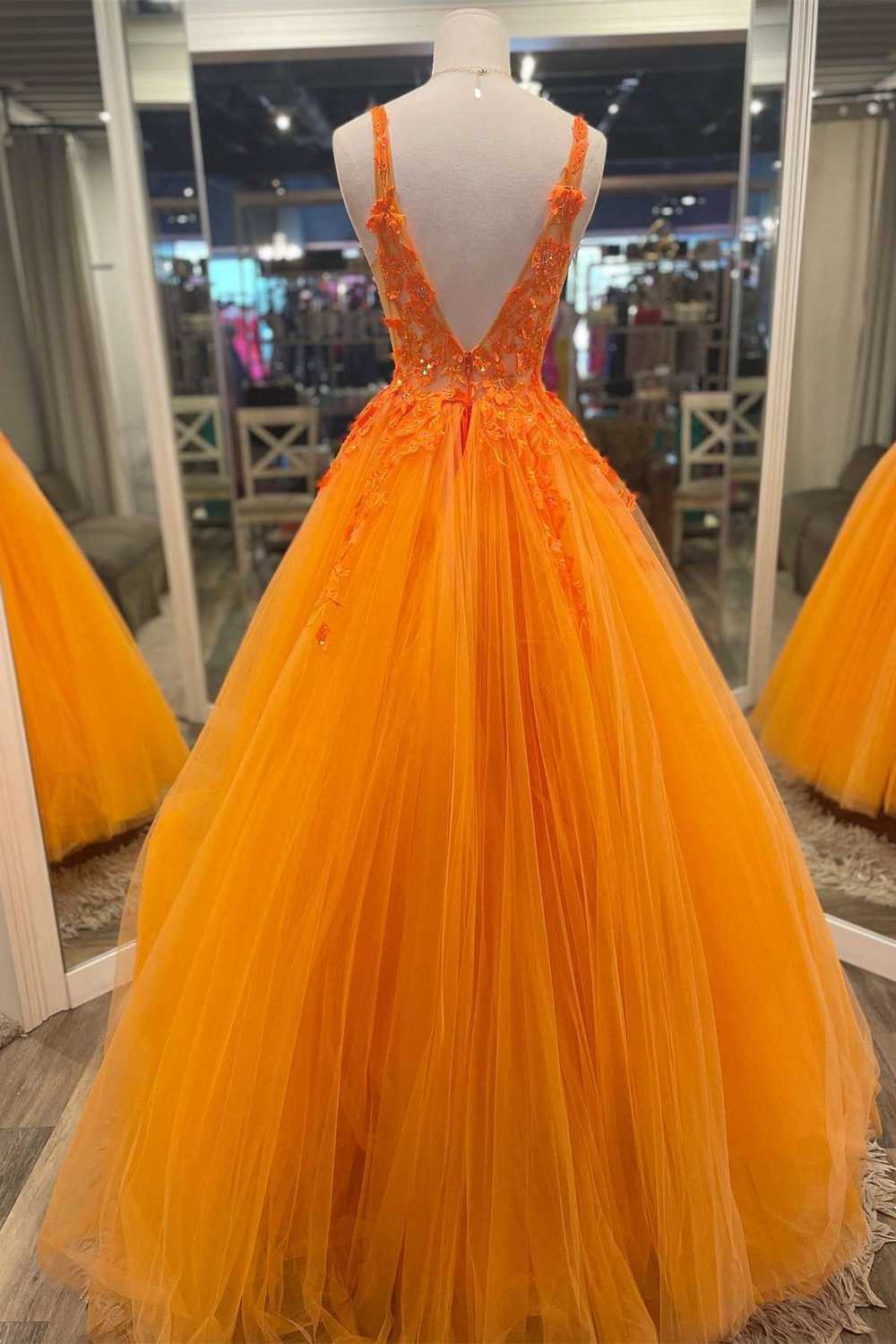 Gorgeous Orange V-Neck Floral Tulle Long Prom Dress