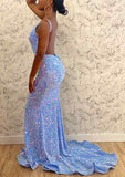 Gorgeous Velvet Sequins Prom Dress with Column V Neck and Court Train-27dress