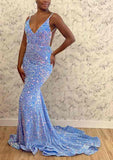Gorgeous Velvet Sequins Prom Dress with Column V Neck and Court Train-27dress