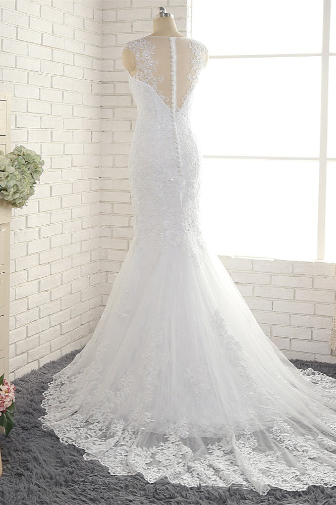 Gorgeous White Mermaid Lace Wedding Dresses With Appliques Jewel Sleeveless Bridal Gowns Online-27dress