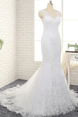 Gorgeous White Mermaid Lace Wedding Dresses With Appliques Jewel Sleeveless Bridal Gowns Online-27dress