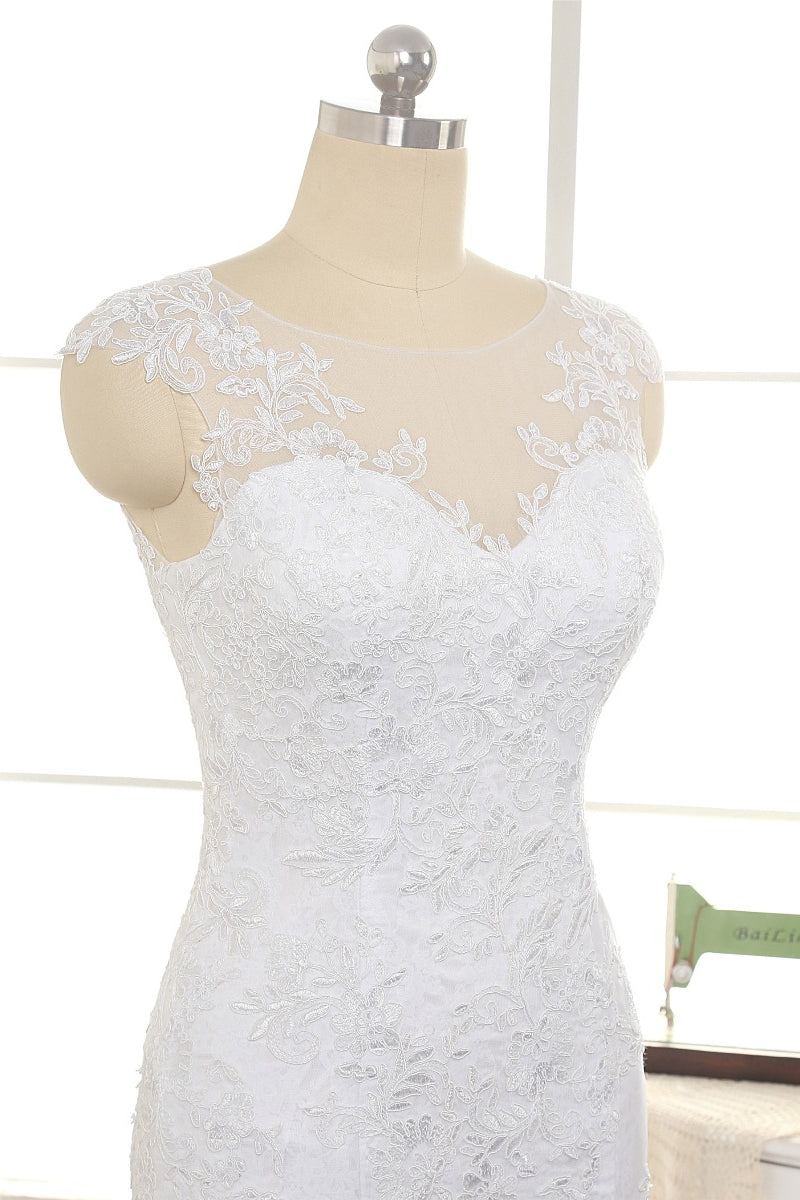 Gorgeous White Mermaid Lace Wedding Dresses With Appliques Jewel Sleeveless Bridal Gowns Online-27dress