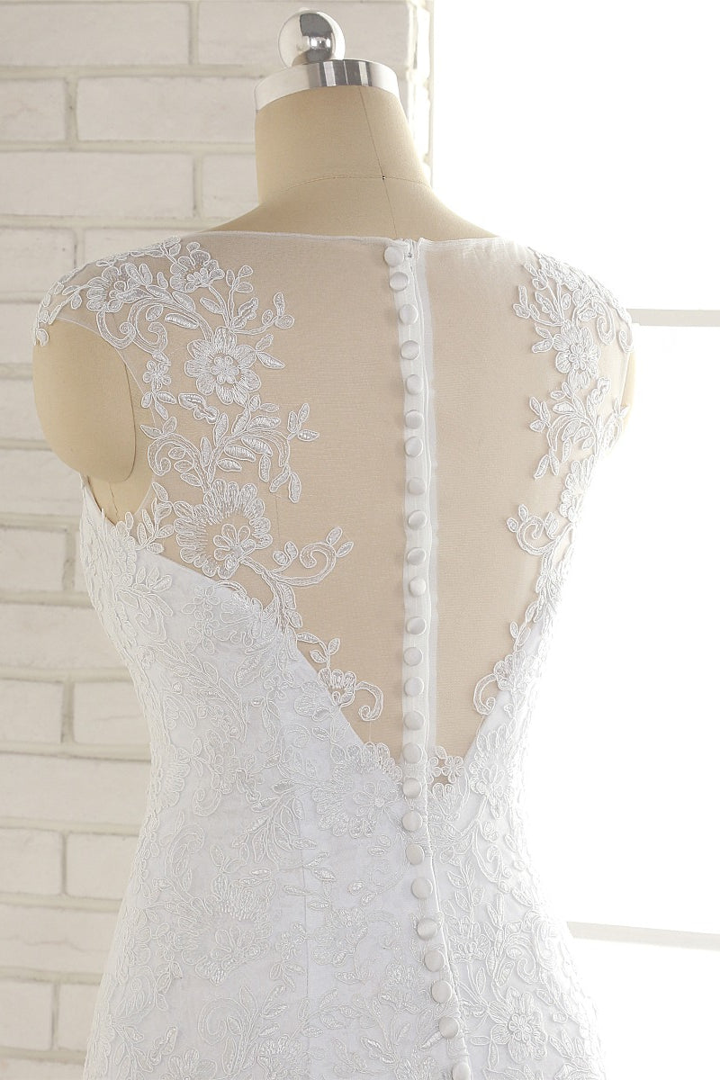 Gorgeous White Mermaid Lace Wedding Dresses With Appliques Jewel Sleeveless Bridal Gowns Online-27dress